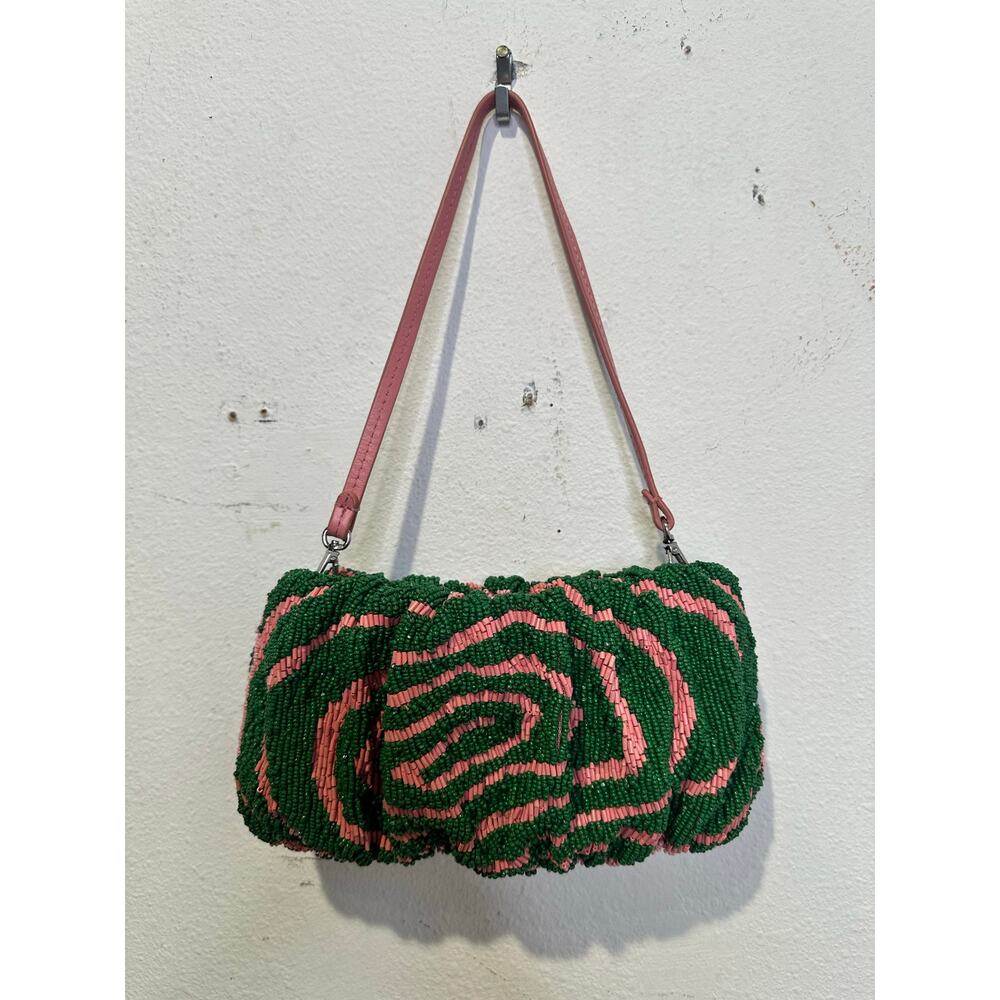 STAUD Pink Green Swirl Psychedelic Beaded Patterned Bean Convertible Bag Purse - Picture 4 of 11